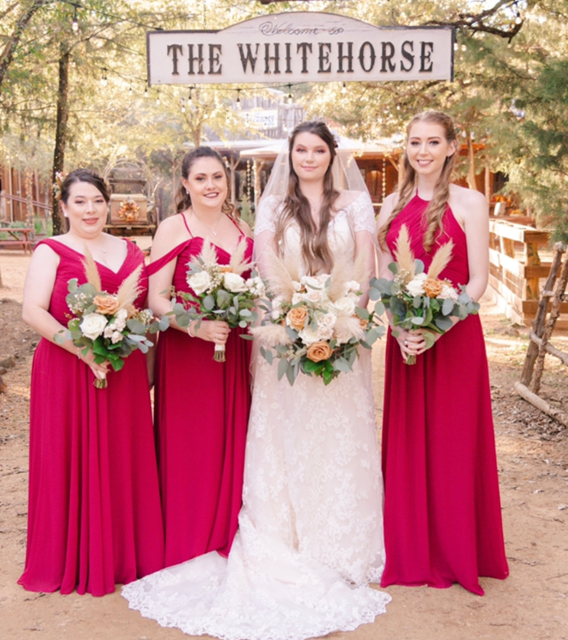 red and gold wedding bridesmaid dresses Bridesmaids in Coral Bridesmaid Dresses